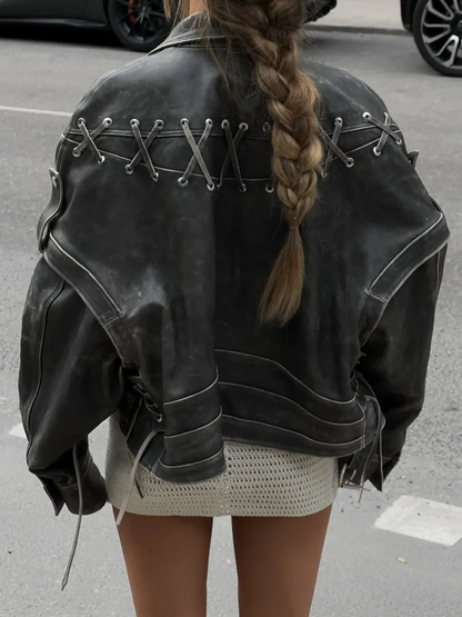 Lace Up Asymmetric Leather Jacket